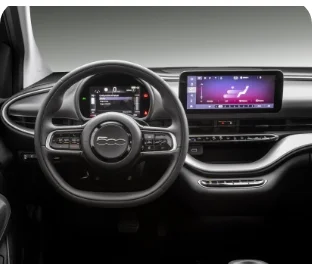 Botões de vidros e travas elétricos na porta do Novo Fiat 500e com acabamento na cor preta.